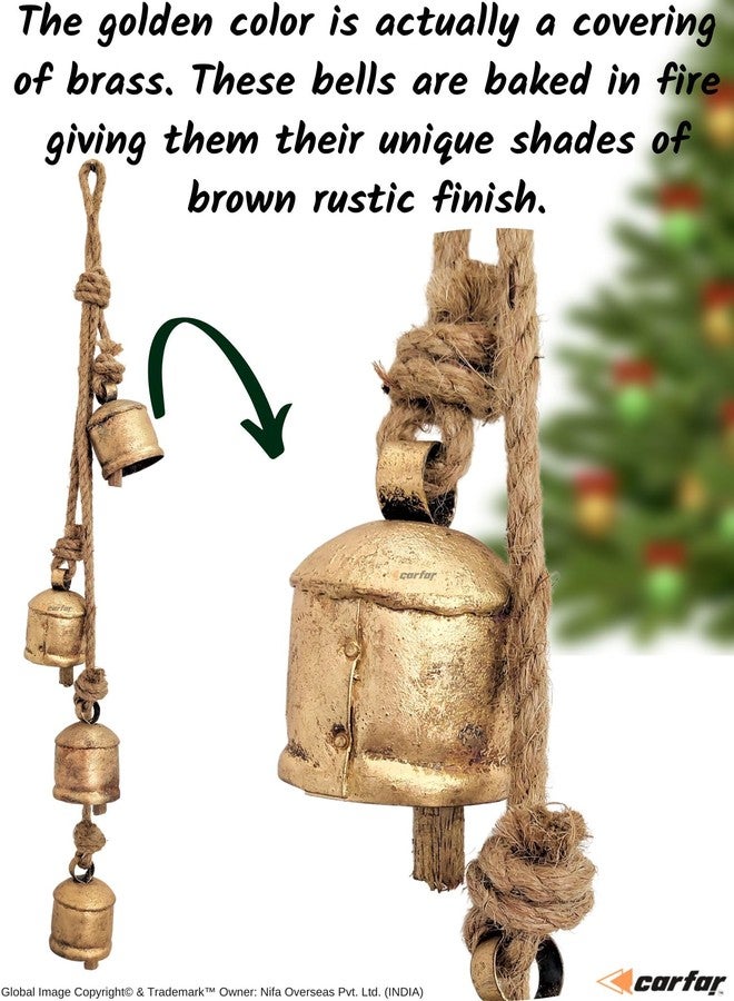 Carfar Set of 4 Small Rustic Gold Cow Bells - Cluster Hanging Décor with Jute Rope for Farmhouse, Garden, and Holiday Decorations-3 Inches - Image 4